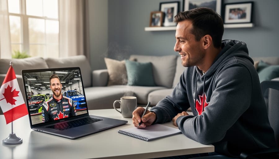 Fan preparing questions for a virtual NASCAR driver meet-and-greet using a laptop video call.