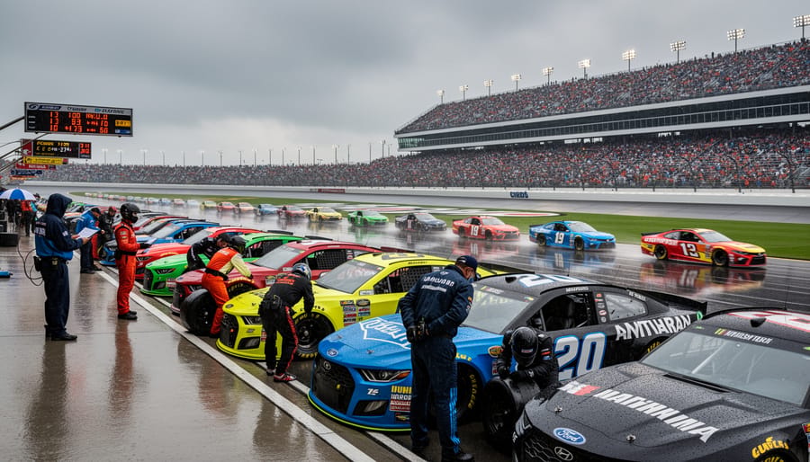 A race marshal gestures toward a rain-darkened track surface.