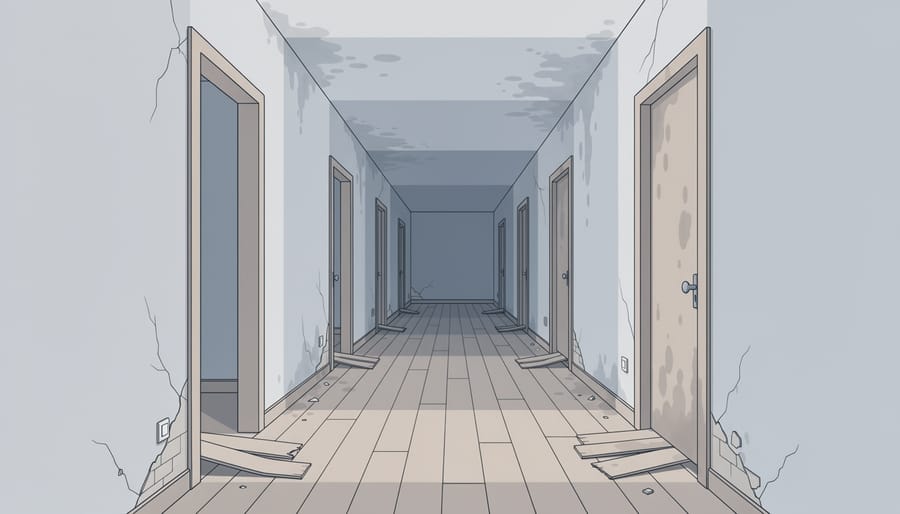 A neglected, dusty hallway with cobwebs and worn surfaces suggesting a property left unoccupied.