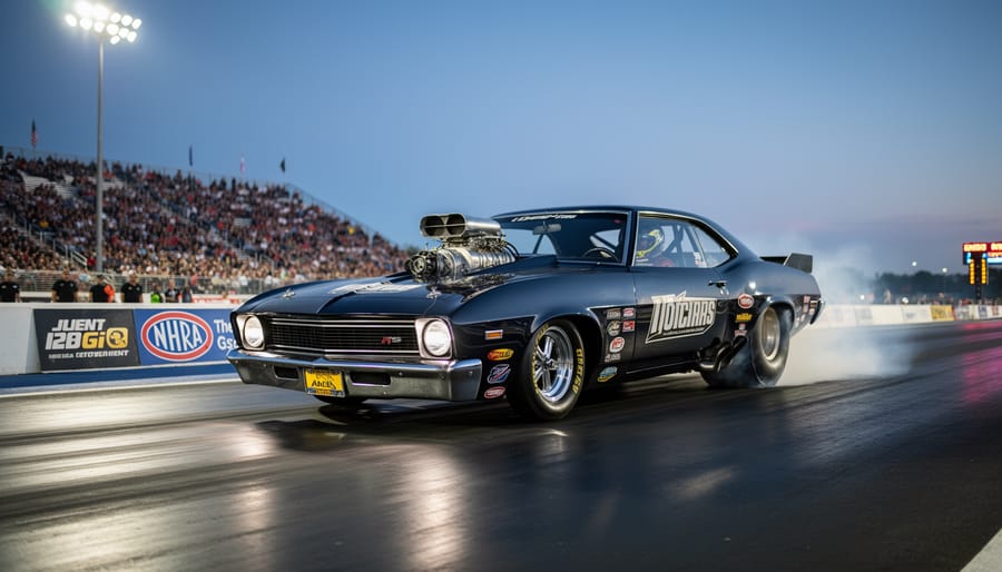 Low, ground-level view of an NHRA-style drag racing car staged on the starting line with stadium lights and faint tire smoke.