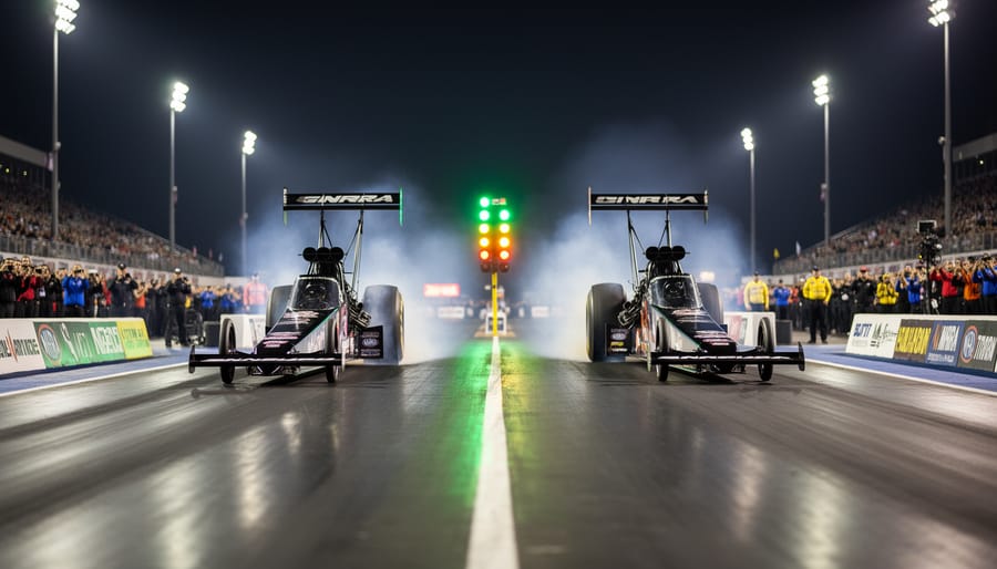 Low-angle night photo of a NHRA-style drag car blasting down a racetrack under stadium lights