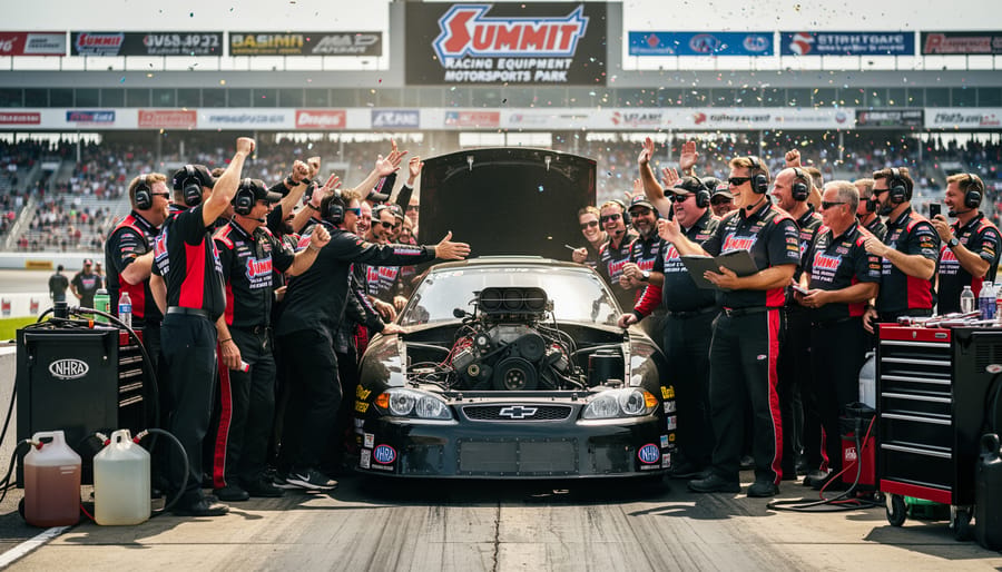 NHRA driver and crew celebrating near a drag car in the pits during golden hour