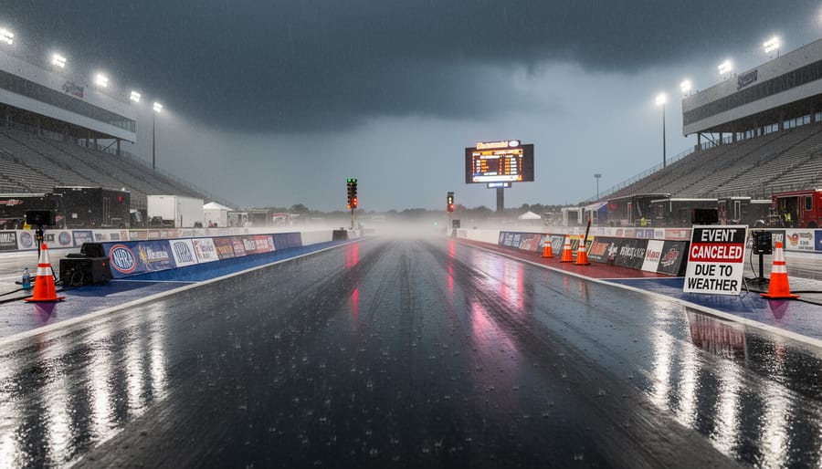 Wet race car trailer and track gear under rainy overcast conditions at a motorsports venue