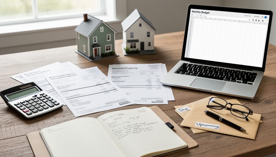 Close-up of hands organizing blank paperwork and bills next to a wallet, representing ongoing property-related costs.