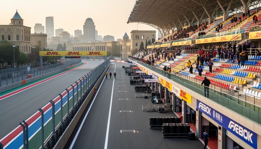 Empty grandstands and pit lane view at Baku City Circuit in daylight