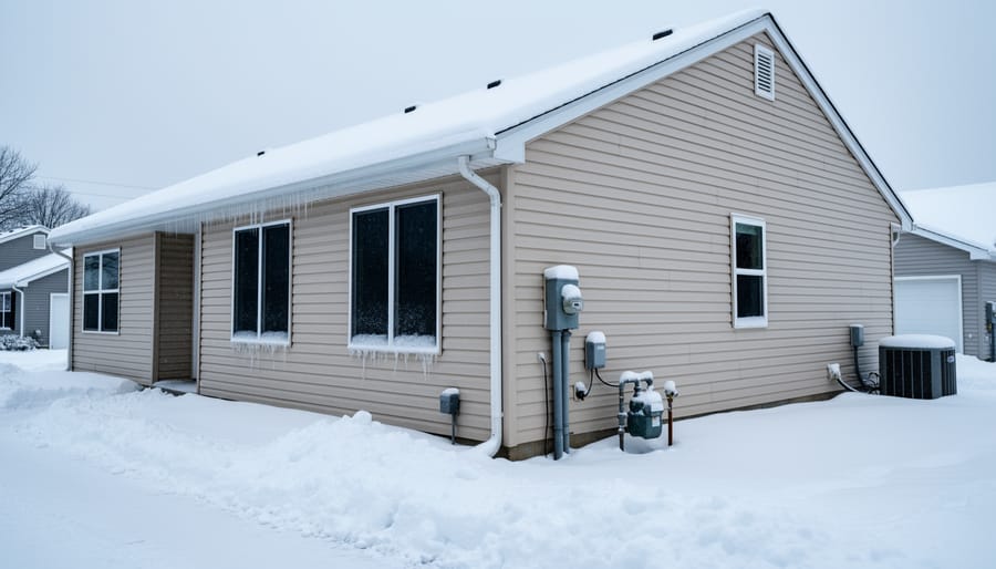 Snow-covered driveway and an outdoor HVAC unit beside a house in winter, illustrating seasonal upkeep demands.