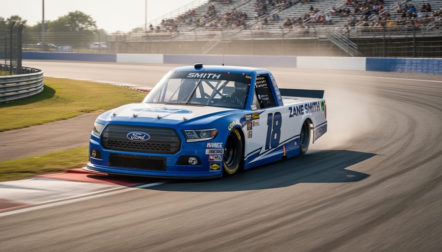 A Ford stock car driven at speed on a NASCAR track with blurred background from motion