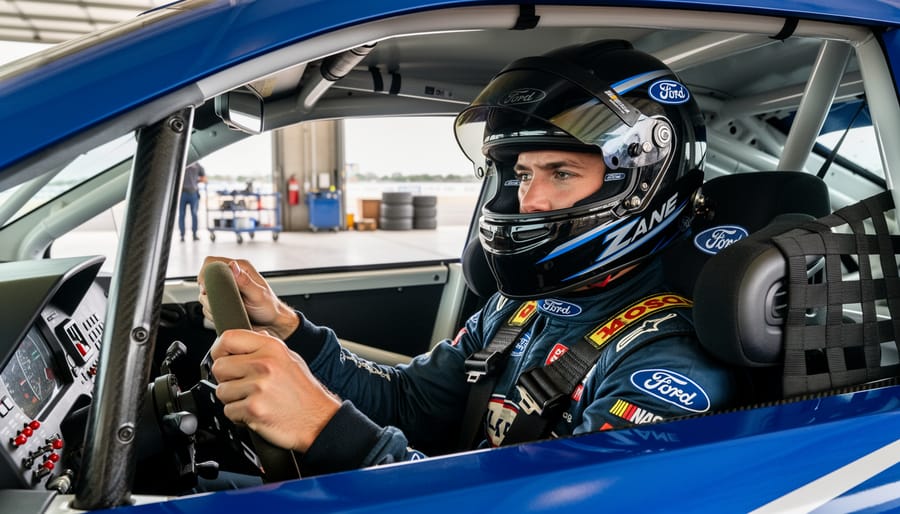Zane Smith seated inside a Ford NASCAR cockpit in the garage, holding his steering wheel before a race.