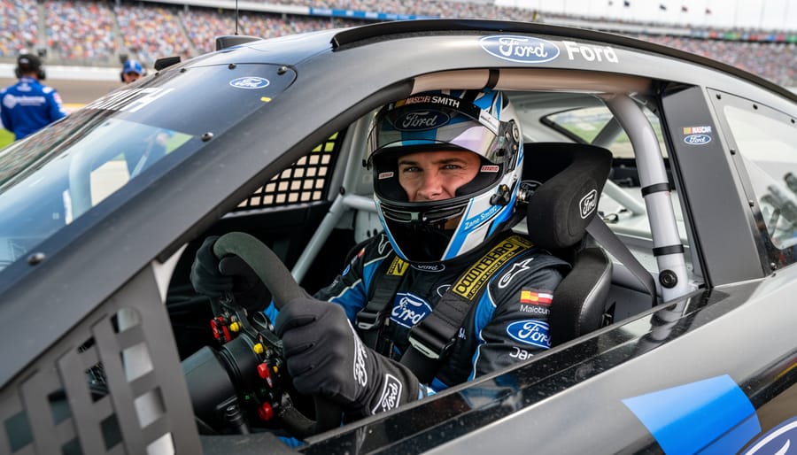 Zane Smith seated in a Ford NASCAR car in the garage holding his helmet